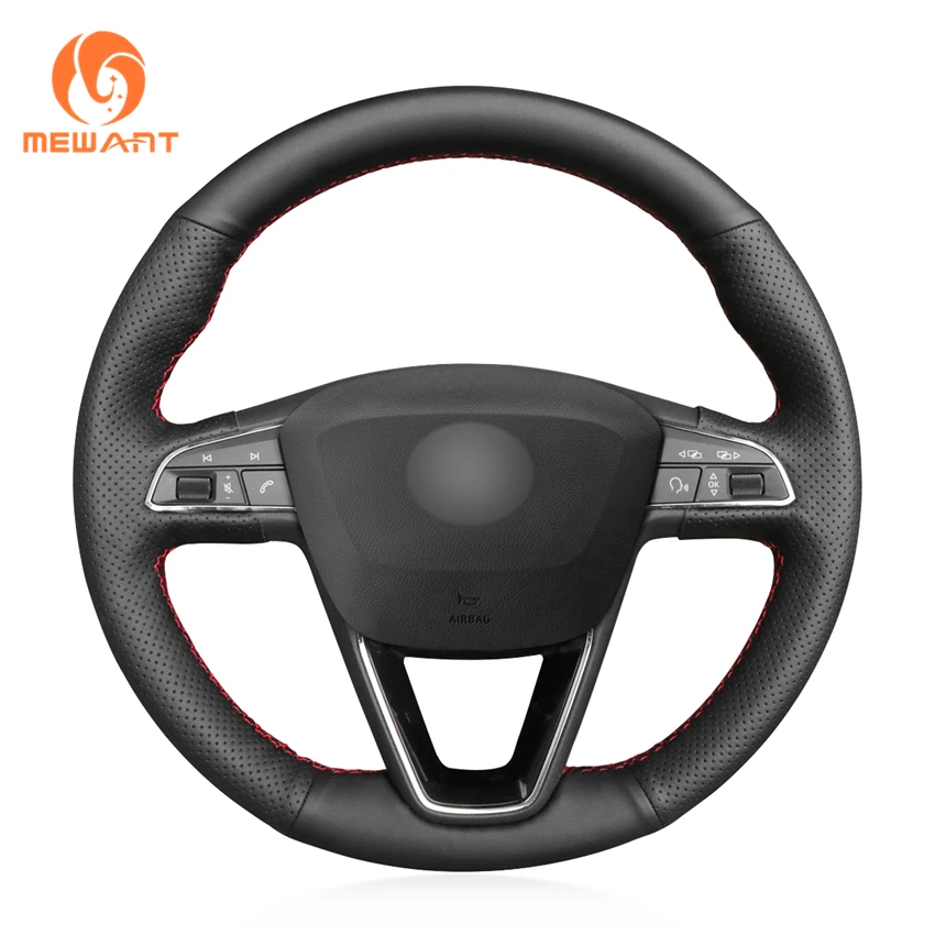 

MEWANT Black Faux Leather Hand Sew Wrap Car Steering Wheel Cover for Seat Leon Arona Ateca Alhambra 5F Mk3 Ibiza 6J Tarraco