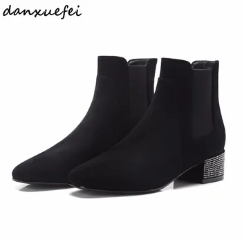 

Women's Genuine Suede Leather Med Heel Pointed Toe Slip-on Ankle Boots Brand Designer Rhinestone Autumn Short Booties Shoes Sale