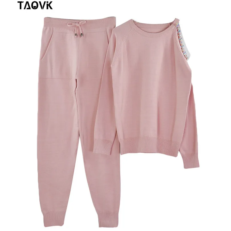 Pink TAOVK блестящие бриллианты с открытыми плечами свитер костюмы топ+ трикотажные брюки комплект из двух предметов женские зимние костюмы спортивный костюм для женщин - Цвет: Pink