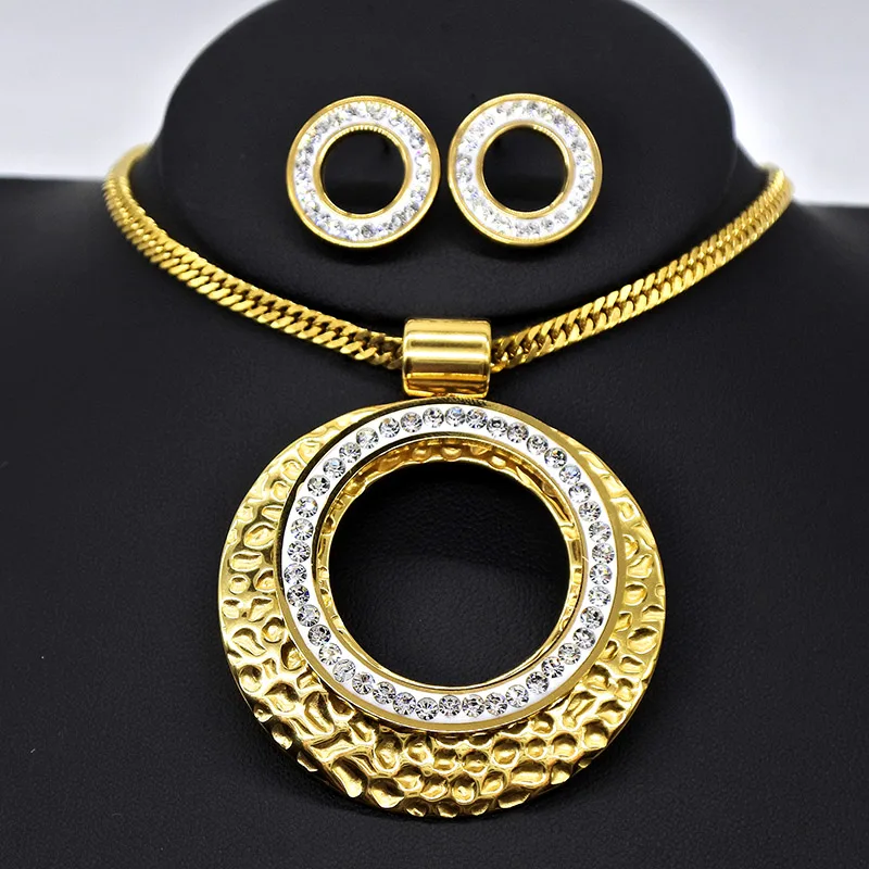 AMUMIU Trendy Jewelry Rhinestone Oval Hollow Round Pendant Gold Color Necklace Earring For Women Wedding Party JS087