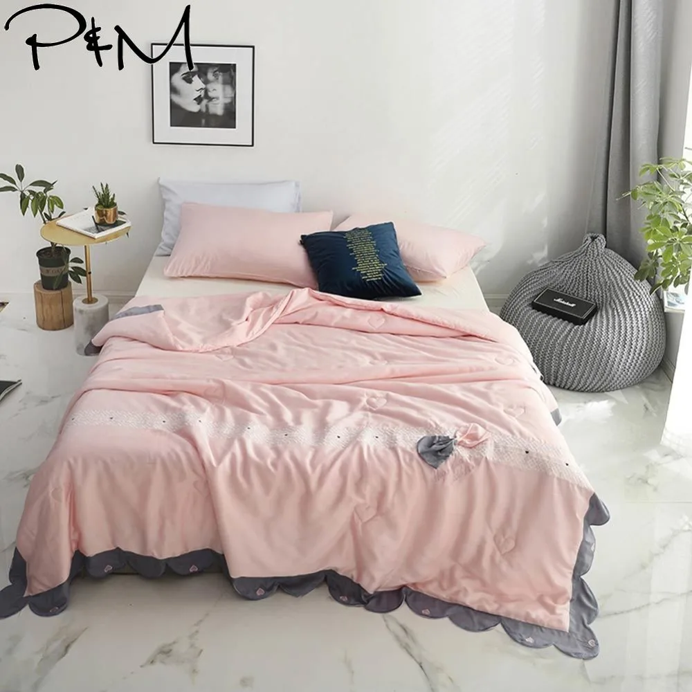 

2019 Pink Princess Lace Air-condition Embroidery Comforter Thin Summer Quilt Artificial Silk Fabric Polyester Queen Size