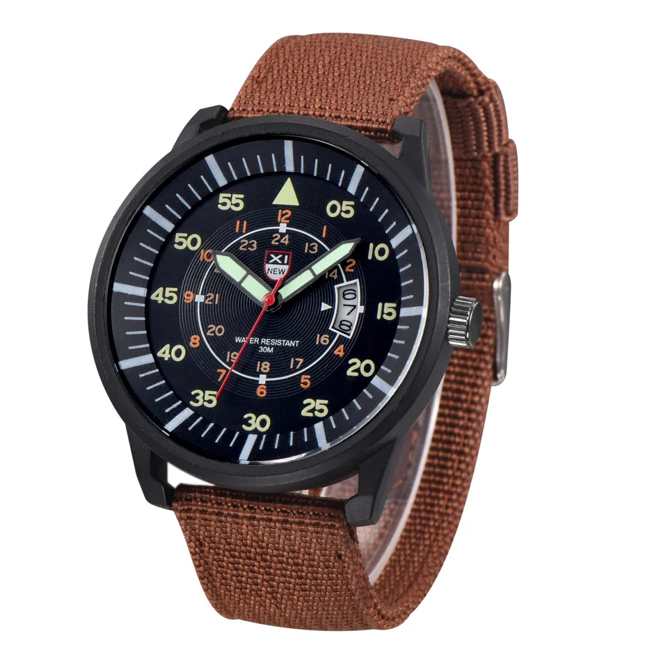 XINEW Топ бренд холщовые наручные часы мужские спортивные часы с календарем Мужские часы со стальным циферблатом военные кварцевые часы# YY