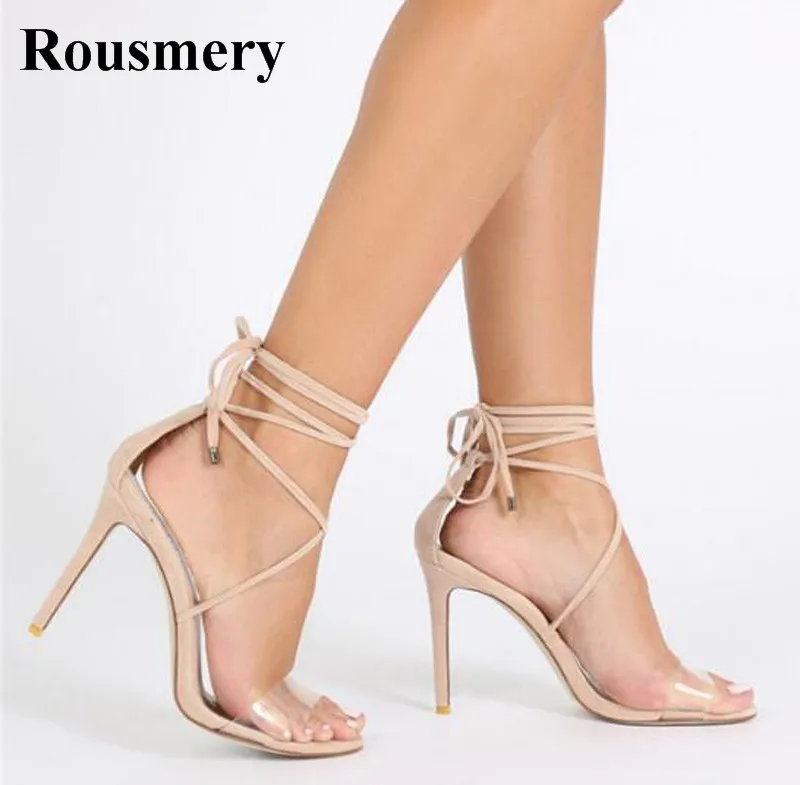 

High Quality Women Fashion One Strap Lace-up Strap Cross Gladiator Sandals Cut-out PVC Transparent High Heel Sandals