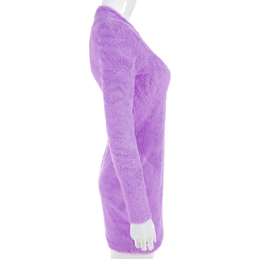 Сексуальное плюшевое Фиолетовое Женское платье, однотонное мини-платье с длинным рукавом и круглым вырезом,, вечерние женские платья