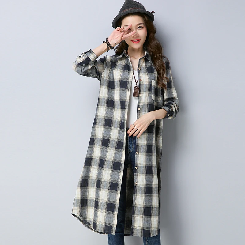 

#2909 Spring 2019 Korean Style Casual Long Sleeve Loose Cotton Linen Long Shirt For Women Casual Plaid Tunic Shirt Plus Size