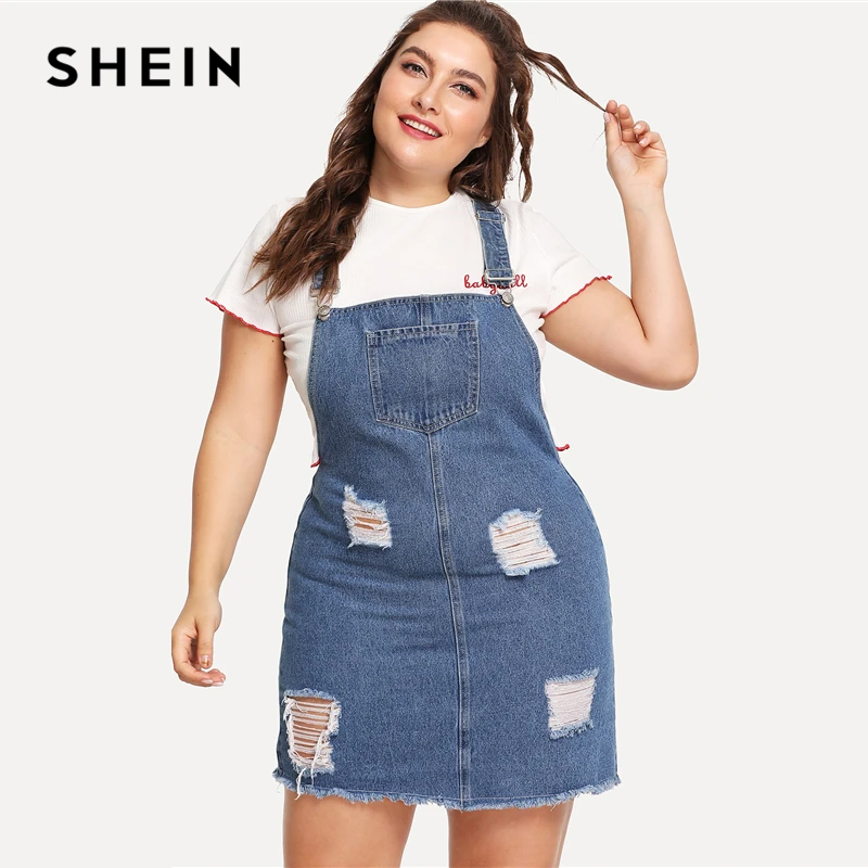 SHEIN Платье Деним С Необработанными Краями Летние Повседневные Джинсовые Платья Без Рукавов Для Женщин Размера Плюс