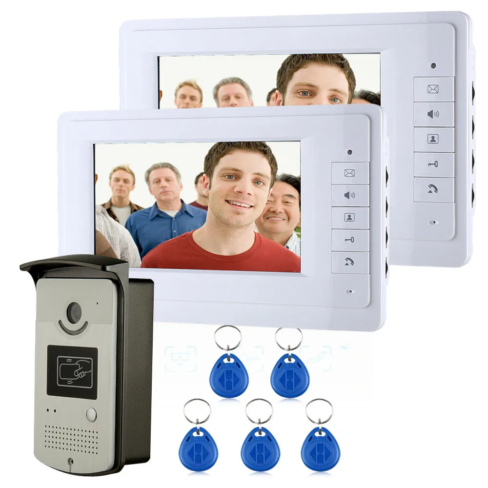 MAOTEWANG 7\ Color Video Intercom Door Phone System With 1 White Monitor 2 RFID Card Reader HD Doorbell 1000TVL Camera