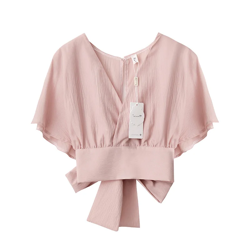 2018 summer women short flare sleeve short top sexy wrap v neck blouse female vacation lace up bow tie crop shirt top