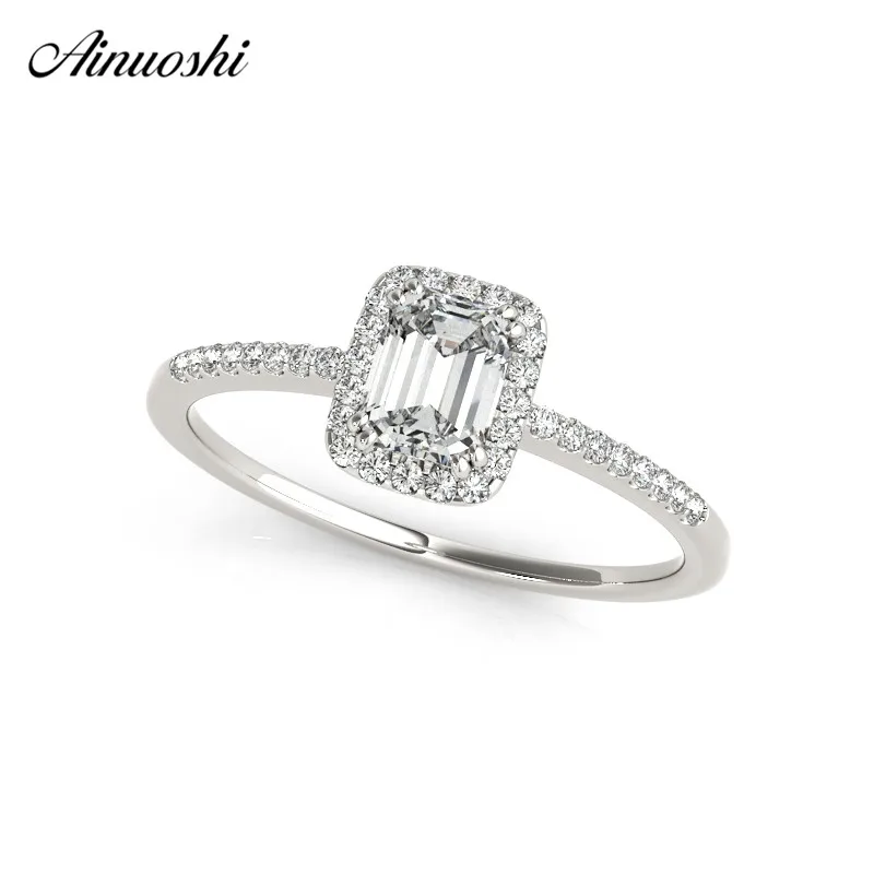 

AINUOSHI 925 Sterling Silver White Gold Color Emeralded Cut 1ct Wedding Ring Women Halo Silver Bridal Rings Birthday Jewelry