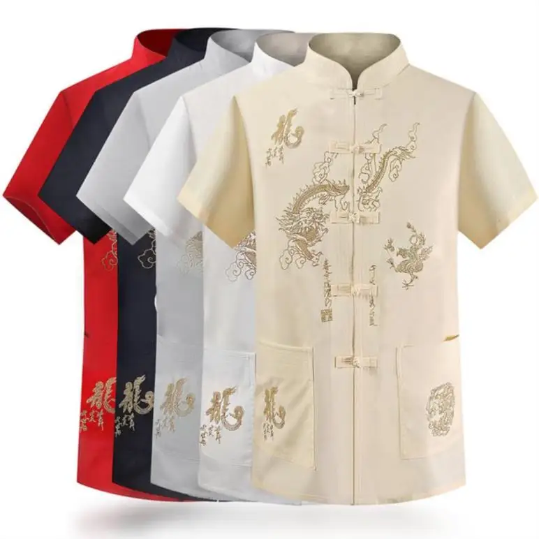 Mens embroidery Chinese Button Casual Shirt Silk short sleeve Stand Collar Hot 