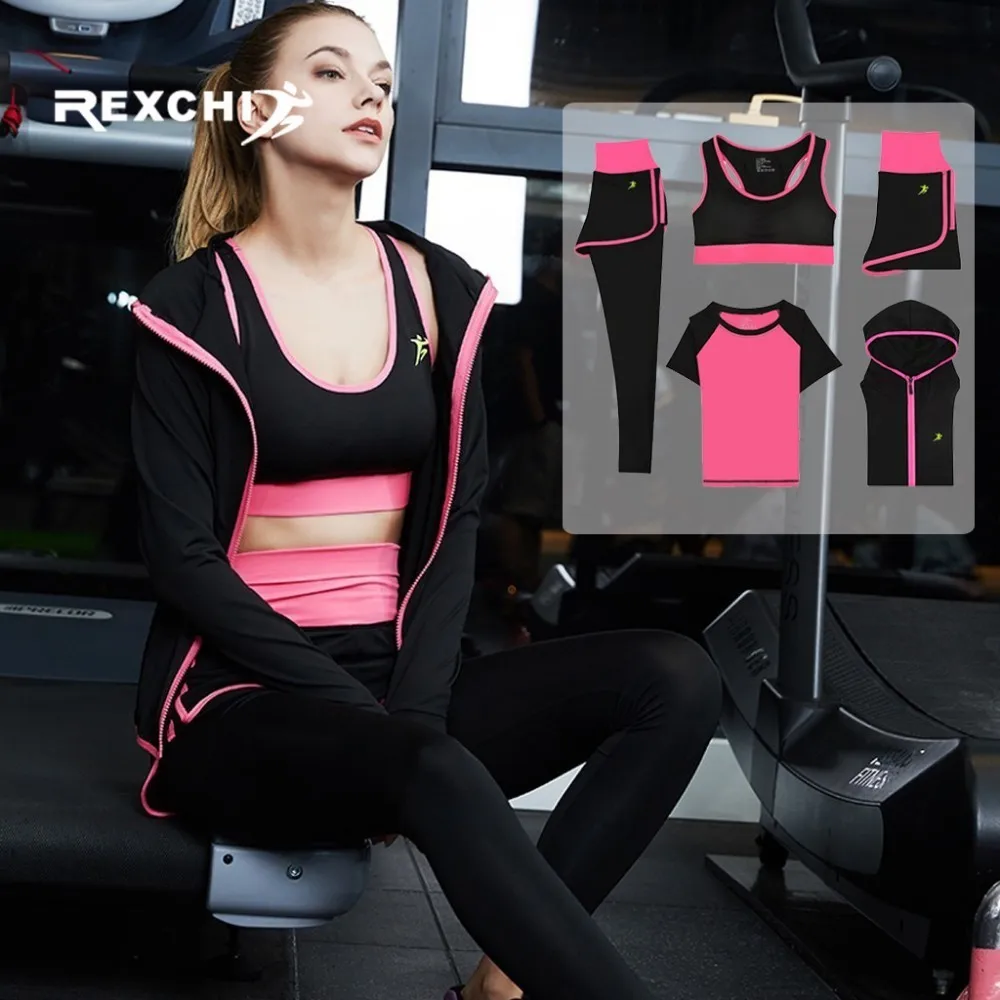 

REXCHI 5Pcs Women Yoga Set Gym Fitness Suit Sports Wear Workout Clothes for Running Jogging Training Clothing Tight Quick Dry