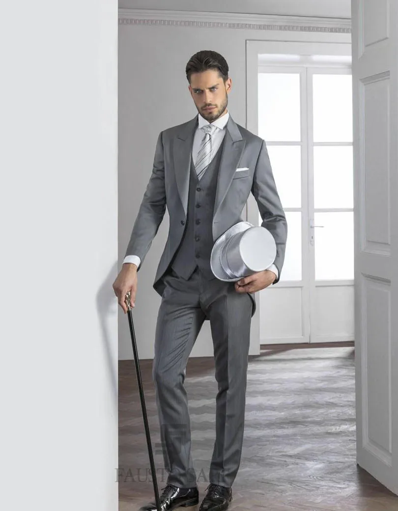Джентльмен серый мужские костюмы остроконечные нагрудные смокинги для женихов одна пуговица мужские свадебные костюмы Дешевые Женихи костюмы(куртка+ брюки+ жилет