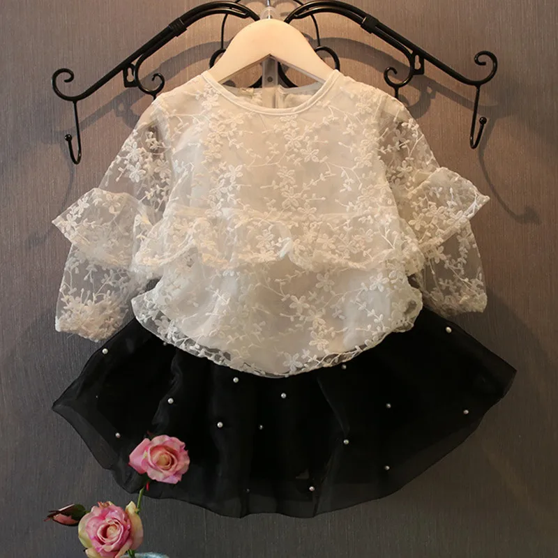 

Korean Children Clothes Cute Prince Girls Lace Blouse Fashion Girls Embroidery Hollow Out White Lace Long Sleeve Tops For 2-8Y