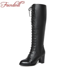 FACNDINLL/Новинка года; женские зимние сапоги; обувь черного цвета из натуральной кожи на высоком каблуке с острым носком; женские сапоги до колена; высокие сапоги для верховой езды