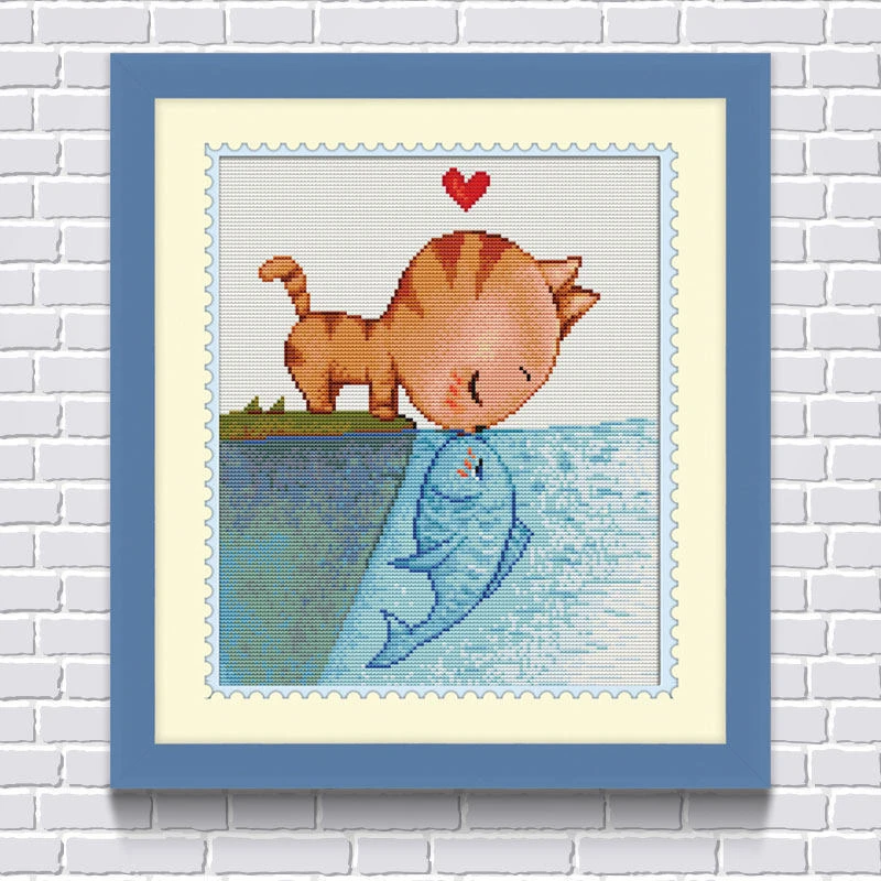 5D DIY Diamond Painting Cat Fall In Love With Fish Cartoon Animal Diamond Embroidery Full Package Rhinestone Mosaic Cross Stitch