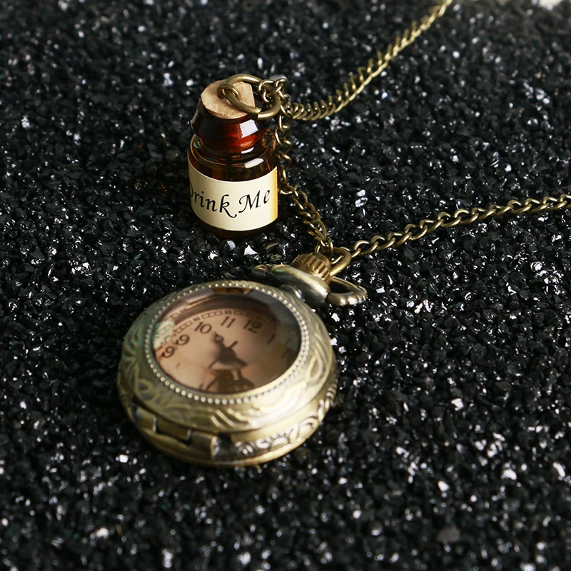 Ретро кварцевые карманные часы для женщин и девочек, подарок Алиса в стране чудес, бутылка для напитков, винтажное милое ожерелье, подвеска на цепочке