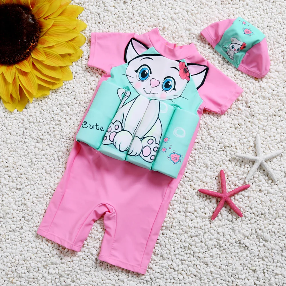 

Children swimwear Girl&Boy Swim One-Piece Suit Detachable Floating Swimsuit Kids Zipper Life Vest Buofancy Swimming Suit Caps