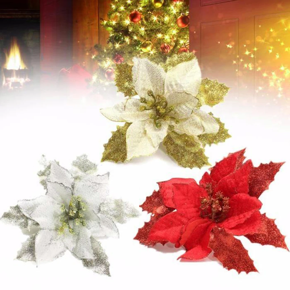 

2019 Newest Christmas Tree Decorations Artificial Flowers Xmas 15cm Poinsettia Glitter Flower Wedding Ornament Decor