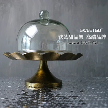 

European Style Golden Iron Wedding Decorative Cake Stands Desserts Fruit Plate Pan With Glass Cover #1500320