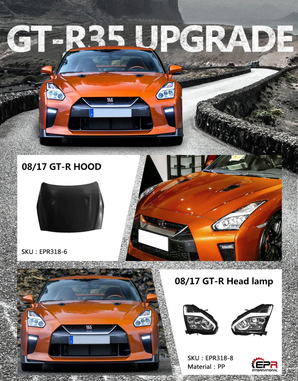 Автомобильные аксессуары для Nissan R35 GTR 08-16 CBA DBA PP Poly Body Kit обновление до MY17 гоночная часть с фарой