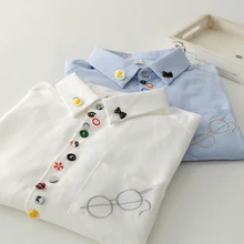 Botões coloridos óculos bordado manga longa oxford camisa de pano blusa mori menina