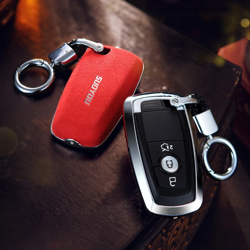 

Genuine Leather Galvanized Alloy Car Key Case Cover For Ford Ranger C-Max S-Max Focus 2 3 4 Fiesta Range S Galaxy Mondeo Transit