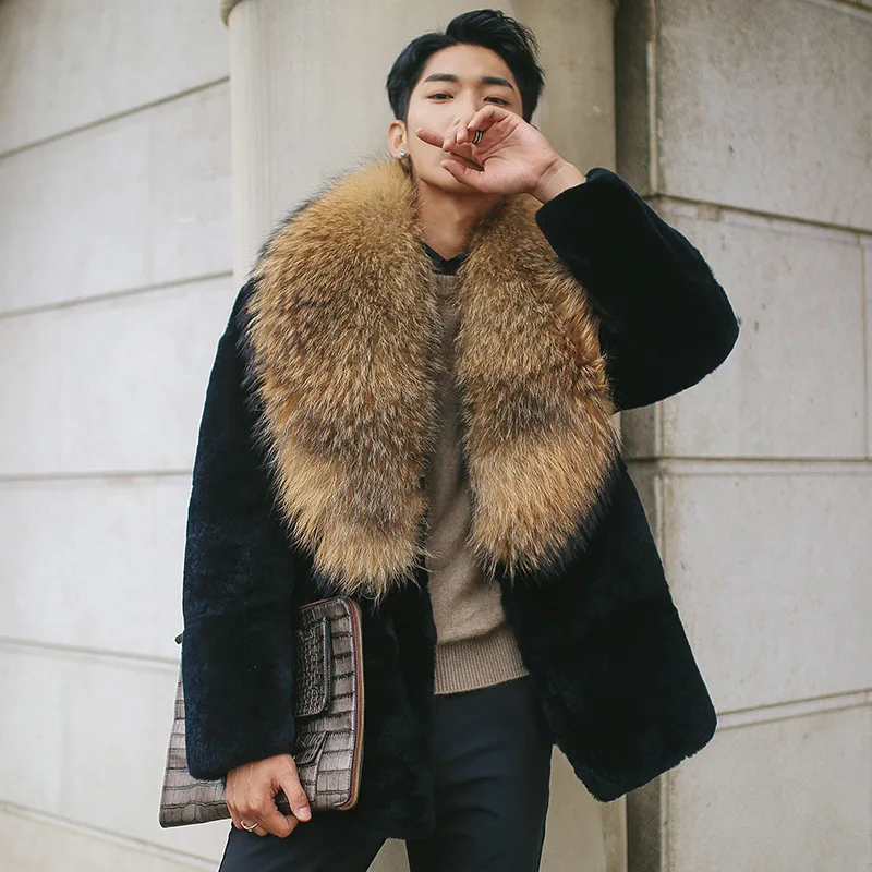 

Winter Men Solid Color Fur Coat Imitation Mink Coat Male Mink Coat Imitation Large Fur Collar Plus Size Warm Thick Jacket MZ3044