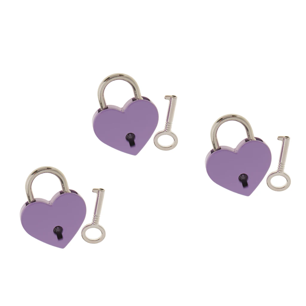 Vintage Heart Shape Padlock w/ Key Tiny Suitcase Lock Purple (Lot of 3)