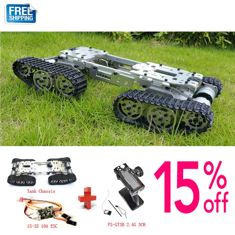 

WZY569 Intelligence RC Tank Car Truck Robot chassis 393mm*206mm*84mm CNC Alloy body+4 Plastic tracks + 4 Motors + 1S-3S 10A ESC