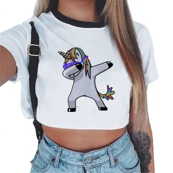 

CDJLFH 2018 Women Tees Sexy Crop Top Shirt Fashion Unicorn Theme White T-shirt Short Sleeve Round Neck Top Shirt S M L Size