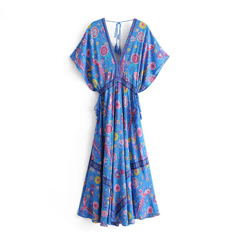 

GYPSY Boho Chic Summer Vintage Peacock Floral Print Long Dress Women Fashion V Neck Lace Up Tassel Beach Dresses Femme Vestidos