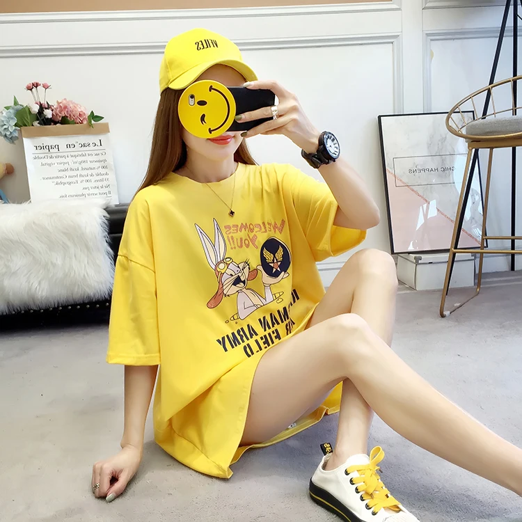 

Summer 2019 New Woman Trend Short Sleeved Woman O-Neck Letter Cartoon Printing Tops Korean Women's Cotton Candy Colors T-shirt