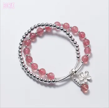 

S925 silver pearl strawberry crystal two-ring bracelet female diy handmade original bracelet for Women