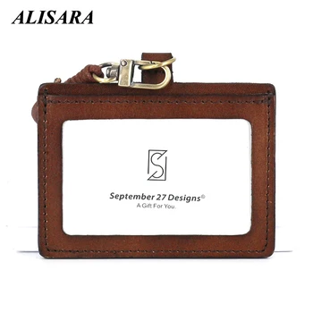 

Lanyard ID Badge Case Clear Genuine Leather Bank Credit/Bus Card Badge Holder Accessories Keychain Top Cowhide Coin ID Wallet
