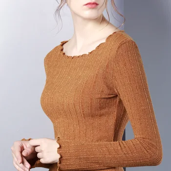 

2017 Womens Fashion Slim O-Neck Long Flare Sleeve Solid Spring T Shirt Tops Ladies Casual Black Bottom Under Shirts Tees Atutumn