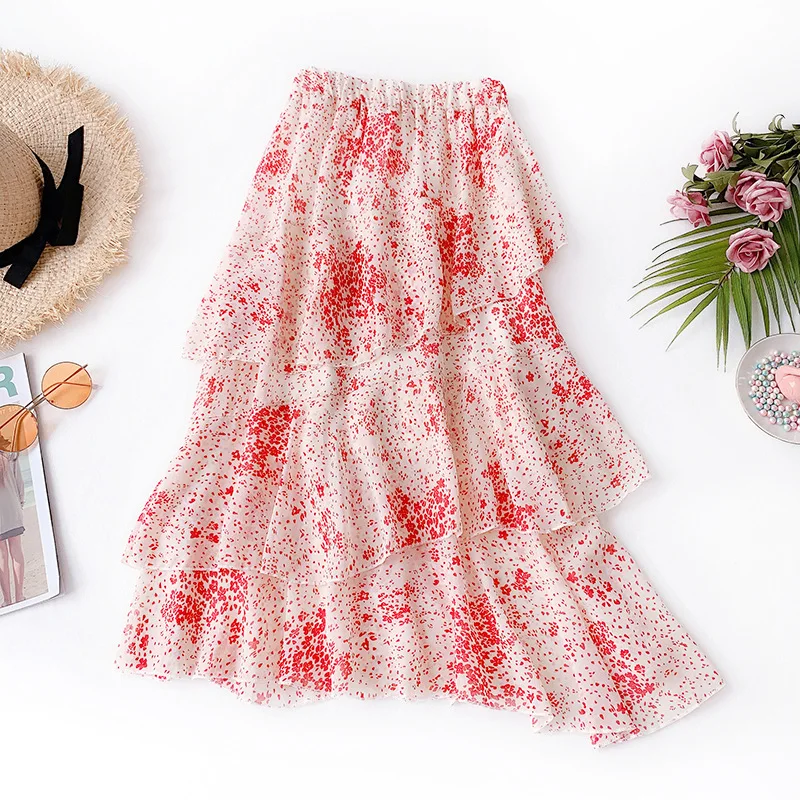 

Wasteheart Spring Red Women Skirt Casual High Waist A-Line Lace Mid-Calf Long Skirt Chiffon Clothing All-match Ruffles