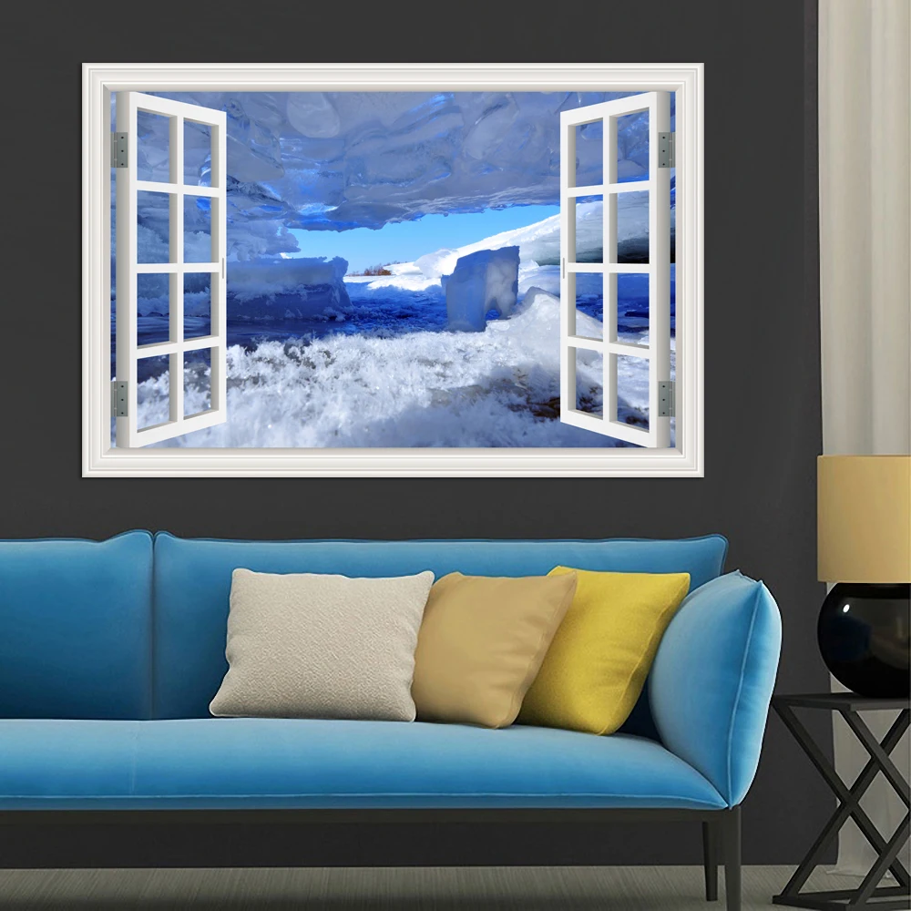 

3D Removable Wall Sticker Window View Winter Forest Snow Tree Wallpaper PVC for Living Room Home Decor wall sticker poster