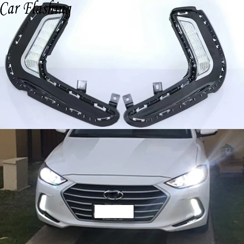 

Car Flashing 1 Pair Led Daytime Running Lights for Hyundai Elantra 2016 2017 2018 Fog lamp cover DRL with yellow turn signal