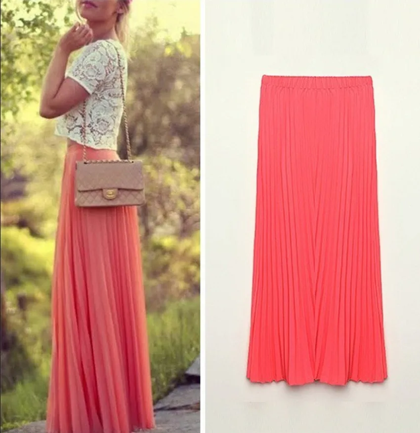 Summer Skirts Women Fashion Long Chiffon Skirts Candy Color Pleated