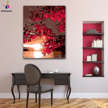 

DIY Coloring paint by numbers Red maple tree in the sunset figure paintings by numbers with kits 40x50 framed