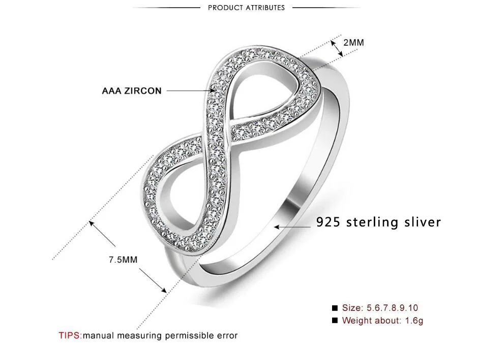 Новая мода 925 пробы серебряные со стразами Крест Бесконечность кольцо с CZ Ювелирные изделия банкет праздничные обручальные кольца аксессуары для женщин