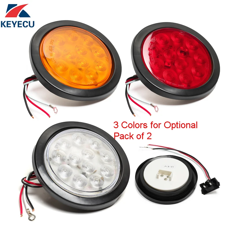 KEYECU Pair 4" Round 12LED Brake Stop Tail Light Grommet Plug for Truck