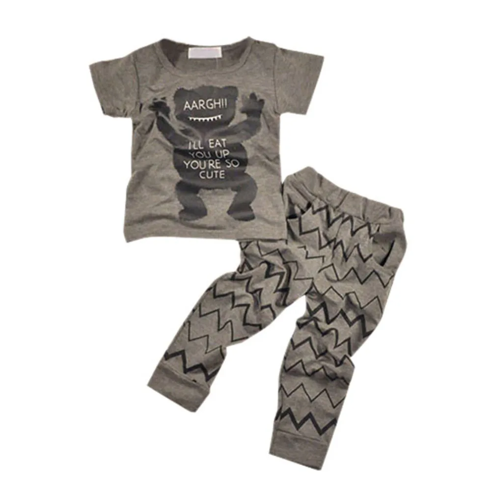 

BOBORA Toddler Baby Boys Clothes Set Cartoon Print Short Sleeve Top Shirt+Long Pants Gray Outfits