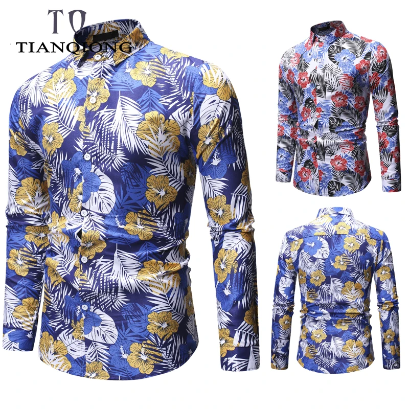 

2019 New Spring &Autumn Shirts Fashion Trend Folk Men Ethnic Flowers Printed Casual Hawaiian Long Sleeves Dress Shirts ML31