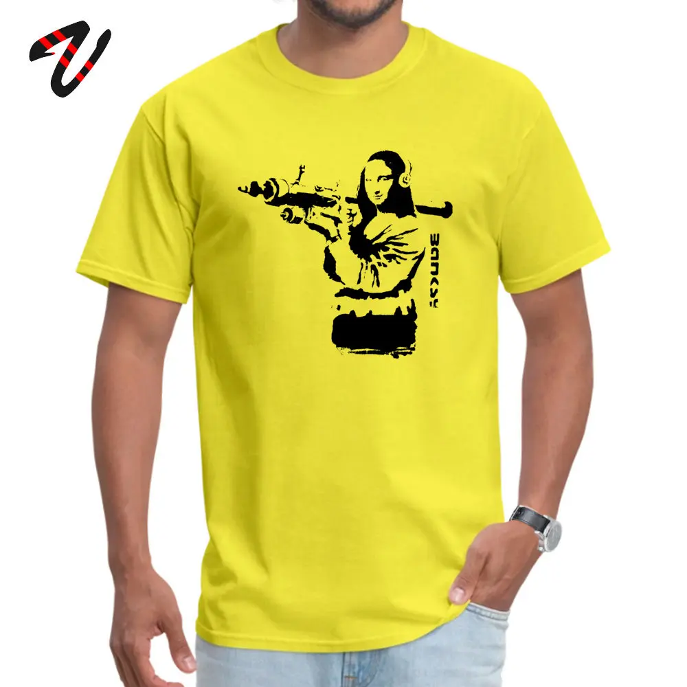 BanksyMonaLisa 100% Cotton Casual _white Tops Shirt Wholesale Short Sleeve Men T-shirts Casual Labor Day Tee Shirts Round Collar Banksy-Mona-Lisa yellow