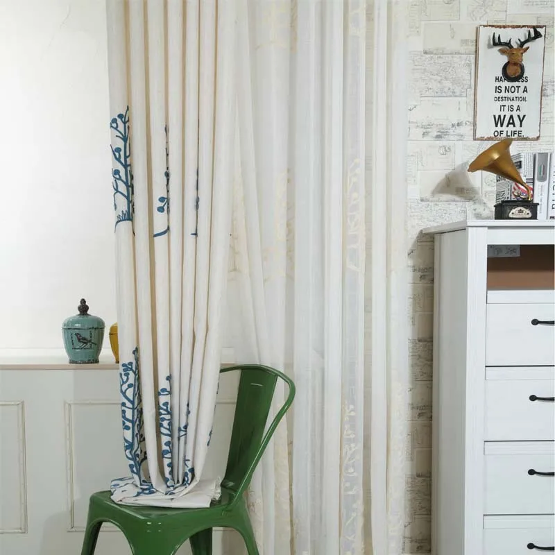 Cotton Linen Fabric Curtains Blackout For Bedroom Trees Leaf