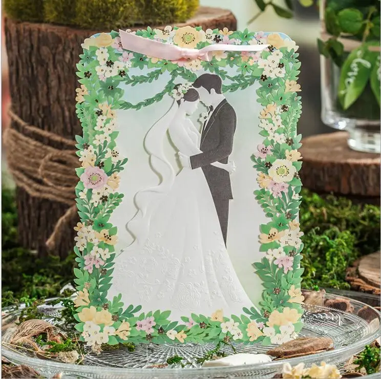 Personalized Green color romantic bride groom Wedding Invitation  50SET/LOT