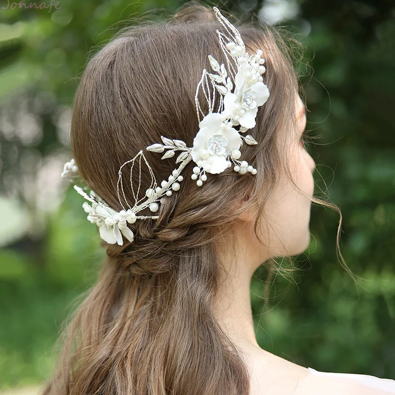 Jonnafe Generous Bridal Tiara Hair Crown Silver Leaf Floral Women