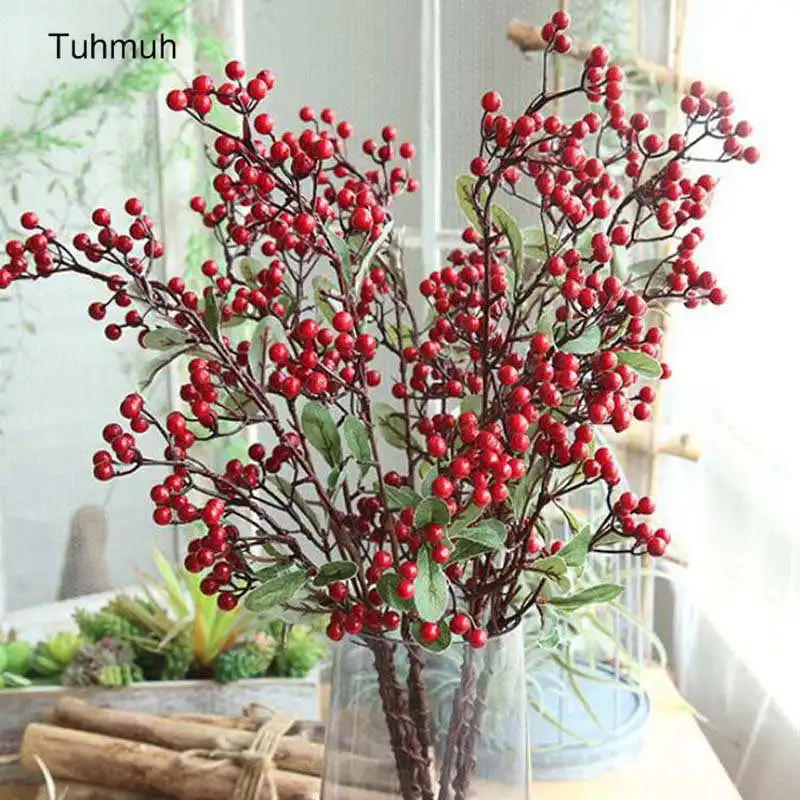 

57cm Foam Christmas Red Berries Fruits DIY Simulation Artificial Flowers Fake Plant Branches for Home Xmas Party Decoration