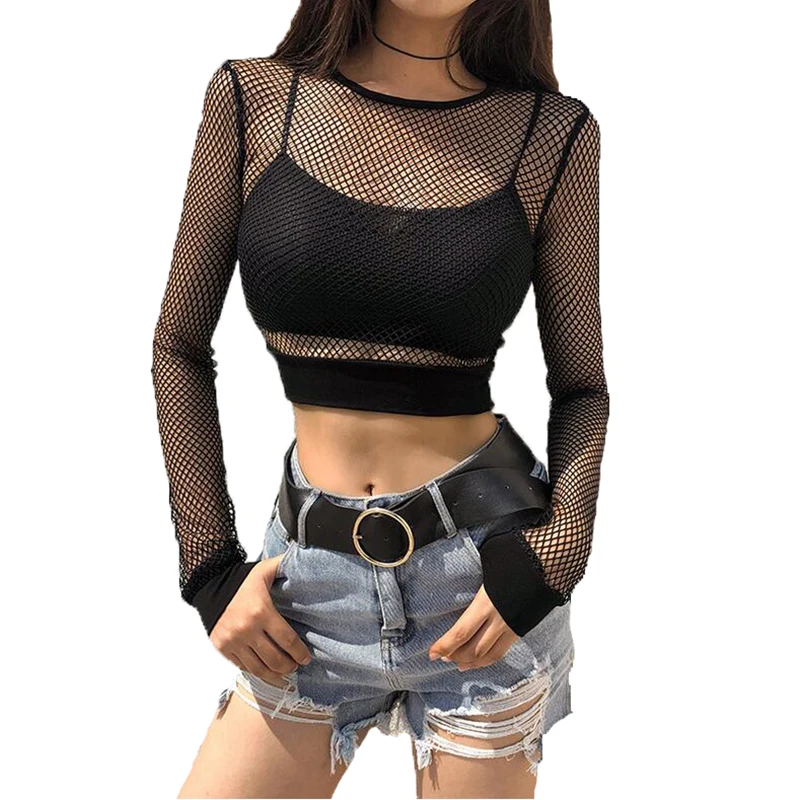 

CHRLEISURE Openwork Sexy Mesh Tshirt Short Cropped Navel Soft Comfortable T Shirt Women Slim Fit Breathable T-shirt